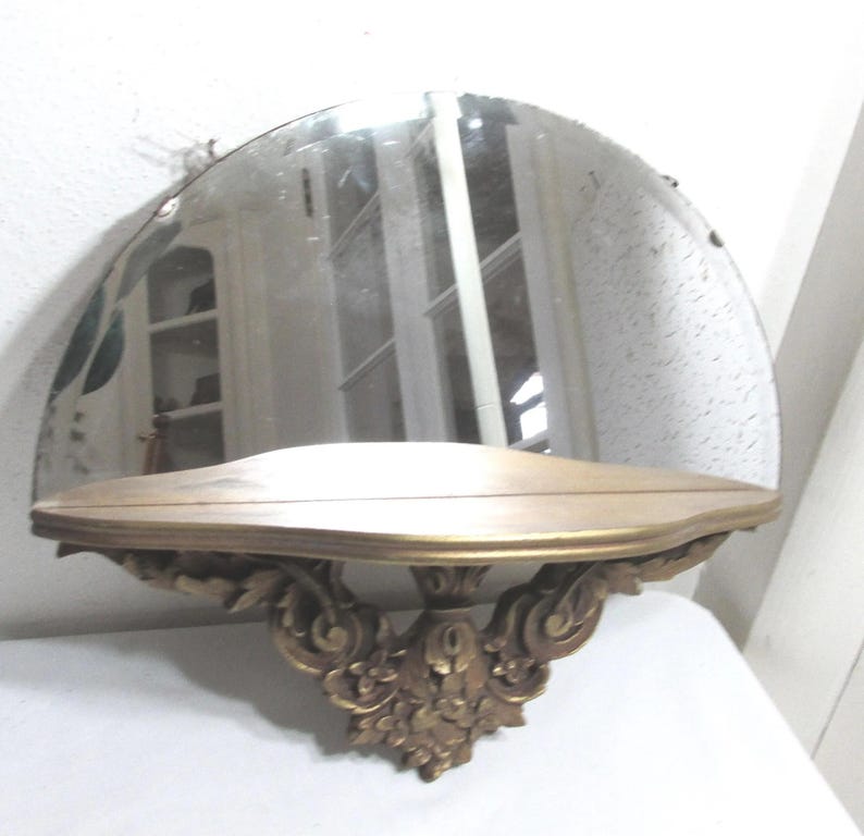 Frameless Mirror Shelf Half Round Attached Vintage Ornate Original Gold image 1