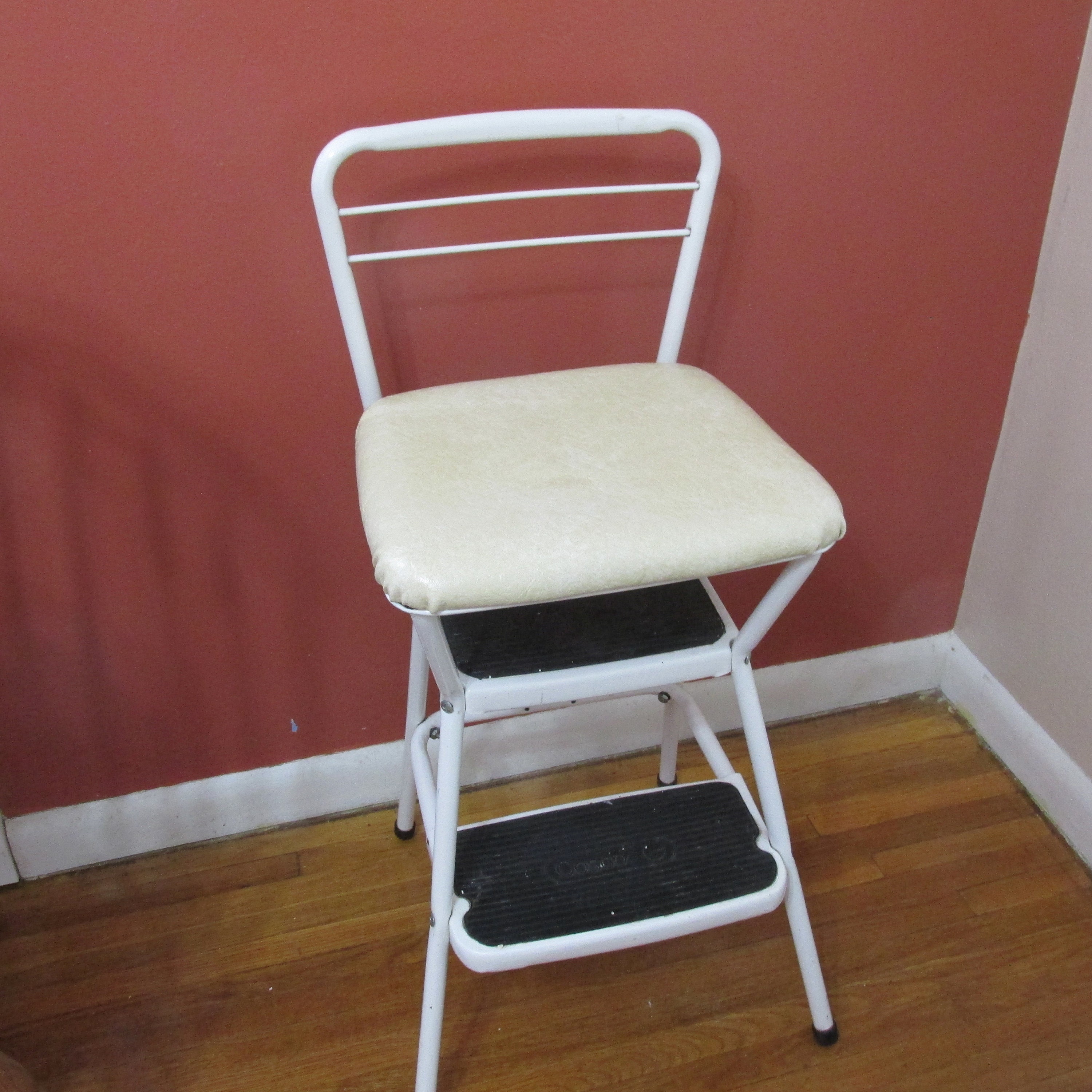 Vintage Folding Step Stool with Red Vinyl
