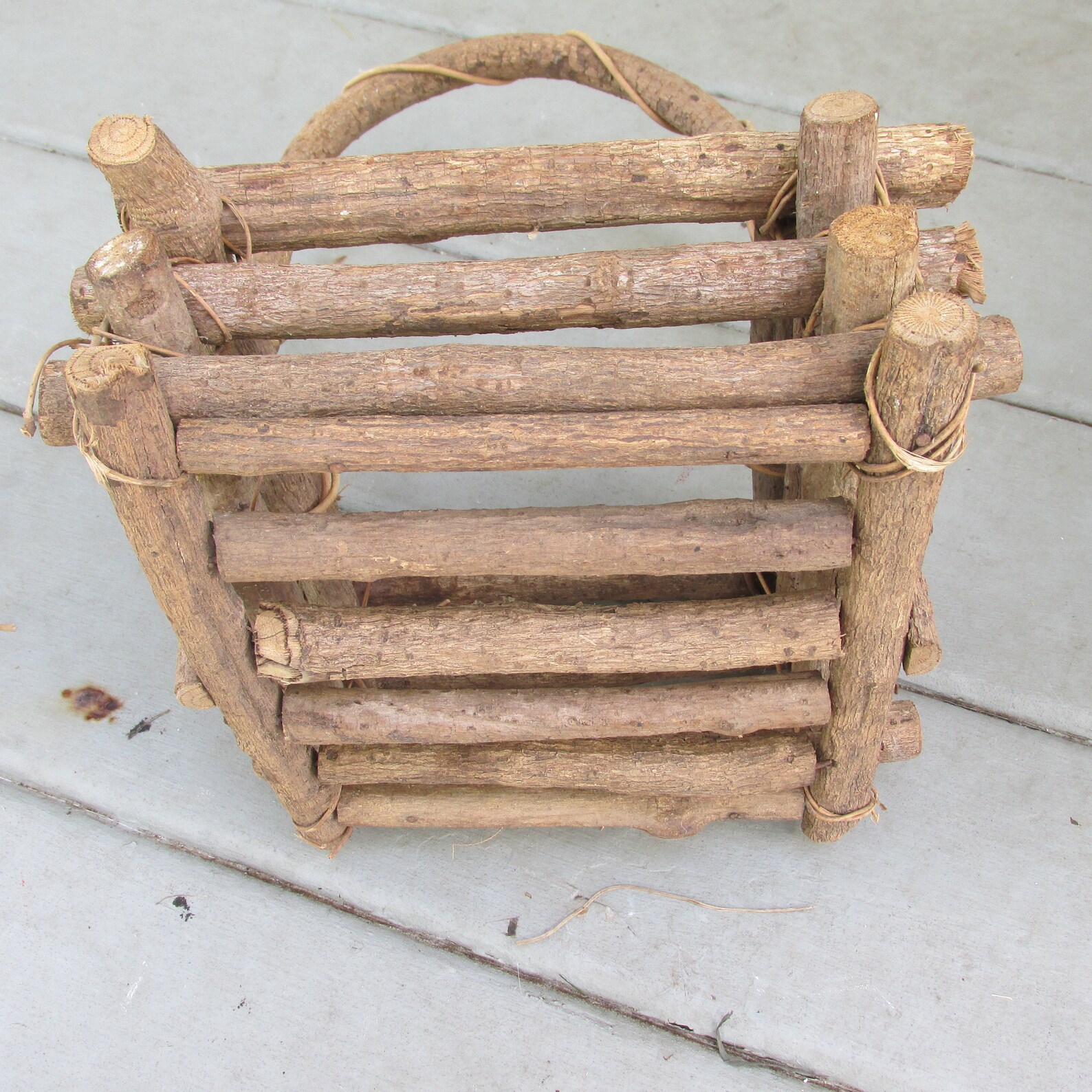 Twig Basket Primitive Rustic Vintage Bend Handle and Vine Tied Etsy