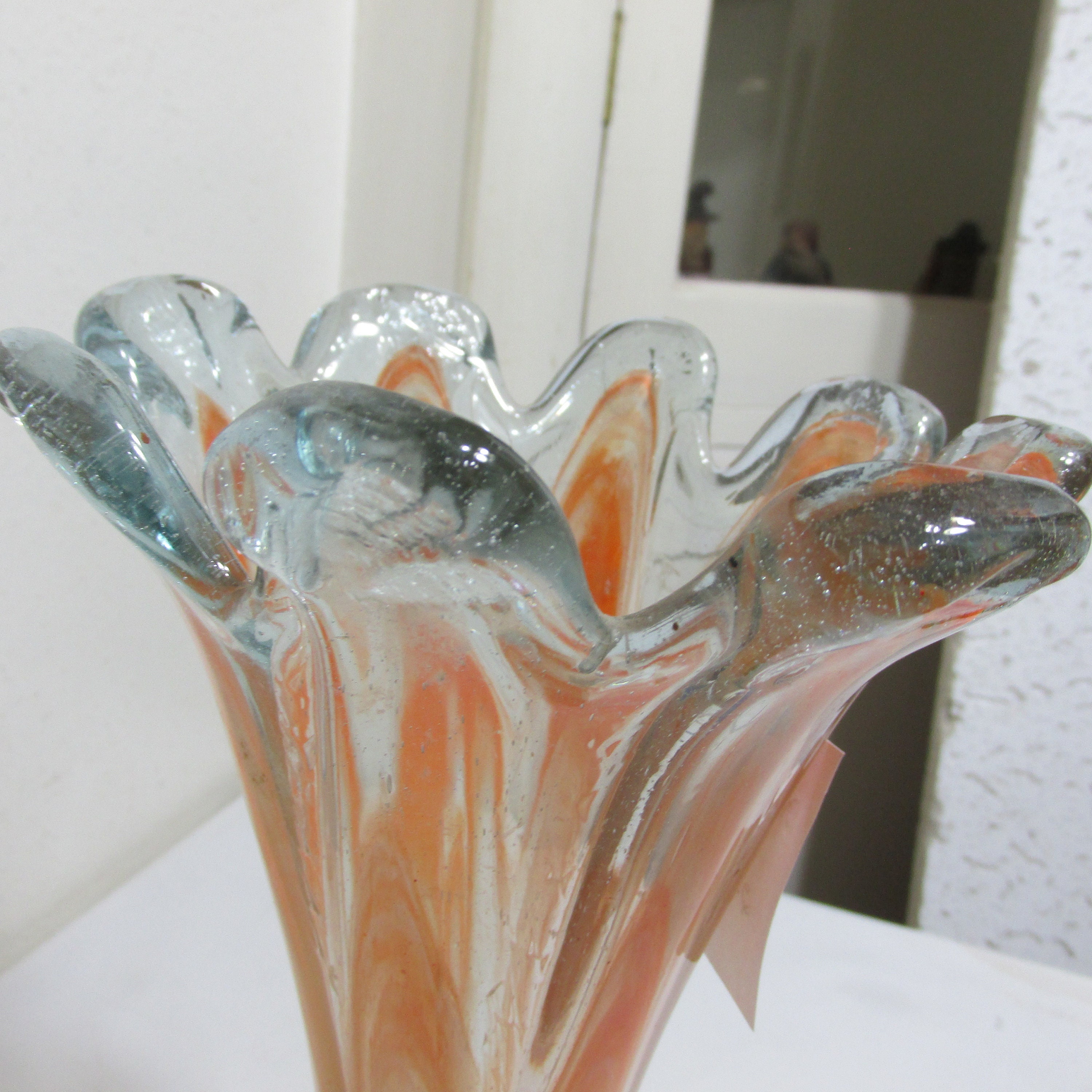Murano Glass Vase Vintage Orange and Clear with Aqua bottom Hand