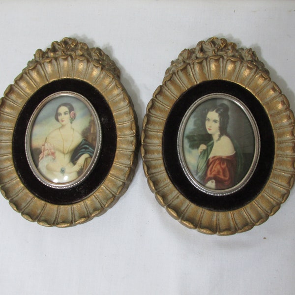 Pictures Victorian Ladies on Vintage Plaster Frame with Bubble Glass