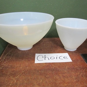 May include: Two white glass bowls of different sizes. The larger bowl has a flared shape and a textured pattern. The smaller bowl is also white with a textured pattern. A white card with the word "Choice" is in front of the bowls.