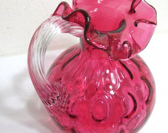 Fenton Cranberry Glass Dot Optic Vintage Pitcher Clear Handle - Etsy
