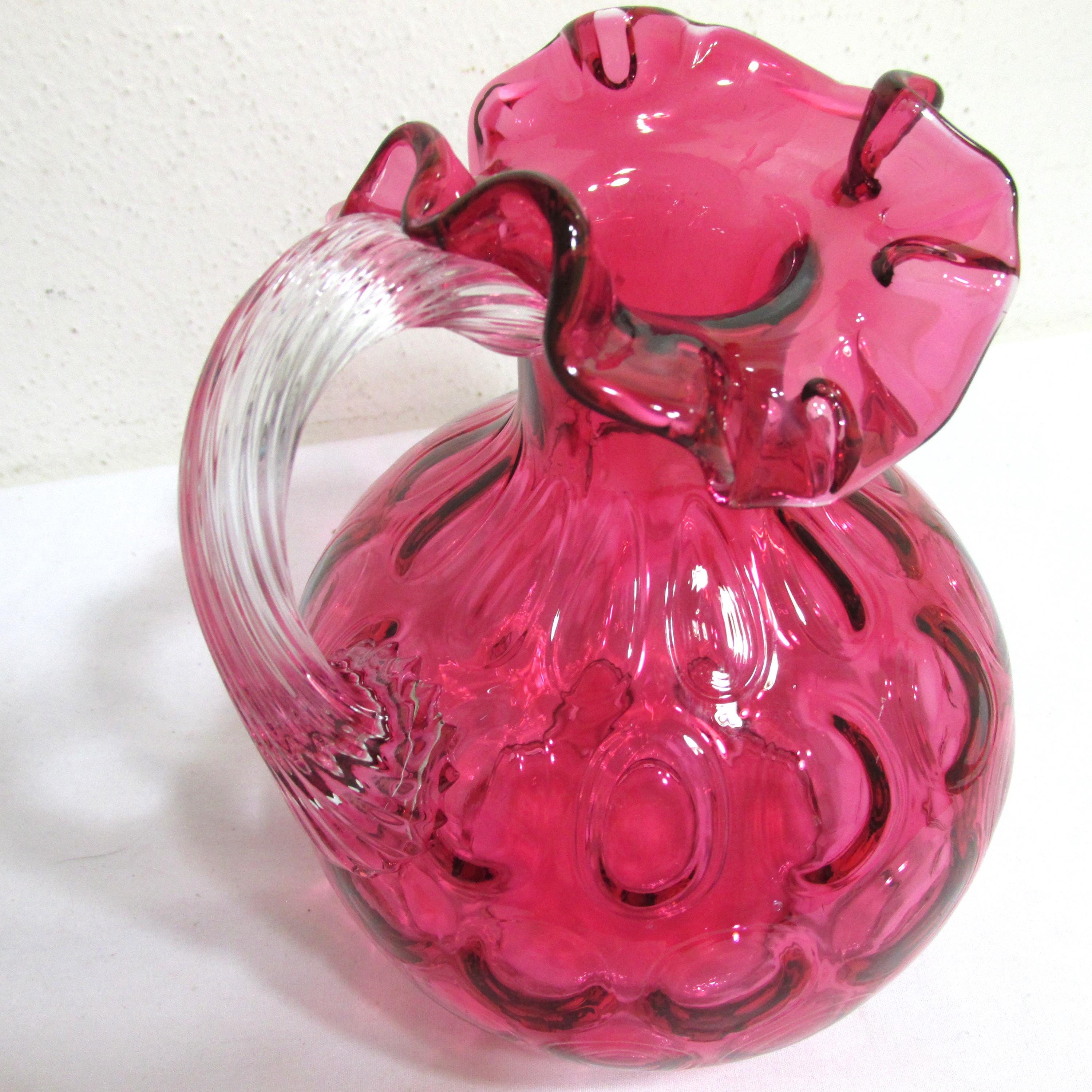 フェントン　ヴィンテージ　クランベリー　ドット　オプティッククルートボトル Fenton Cranberry Glass Dot Optic Vintage Pitcher Clear Handle - Etsy