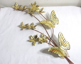 Wall Sculpture Flowers and Butterflies Brass Color Vintage Home Interior 1 Branch Only