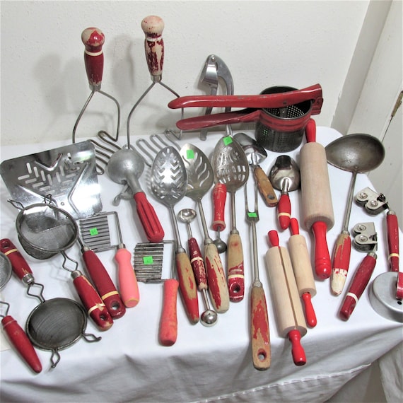 Lot of 5 Vintage Kitchen Utensils Red Wood Handles Farmhouse Decor