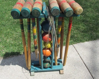 Wood Croquet Set with Stand 6 Vintage Mallets, Balls and 9 Wickets