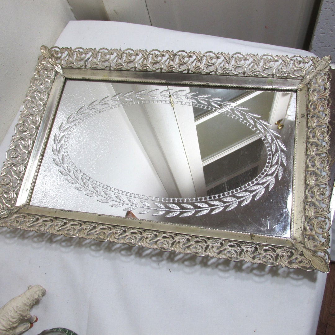 Vanity Mirror Perfume Tray Vintage Filigree Framed 10 X 15 Etsy