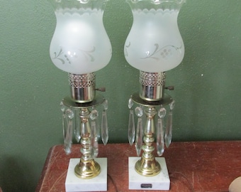 Prism Lamp Pair Vintage Marble Base and Frosted Globes