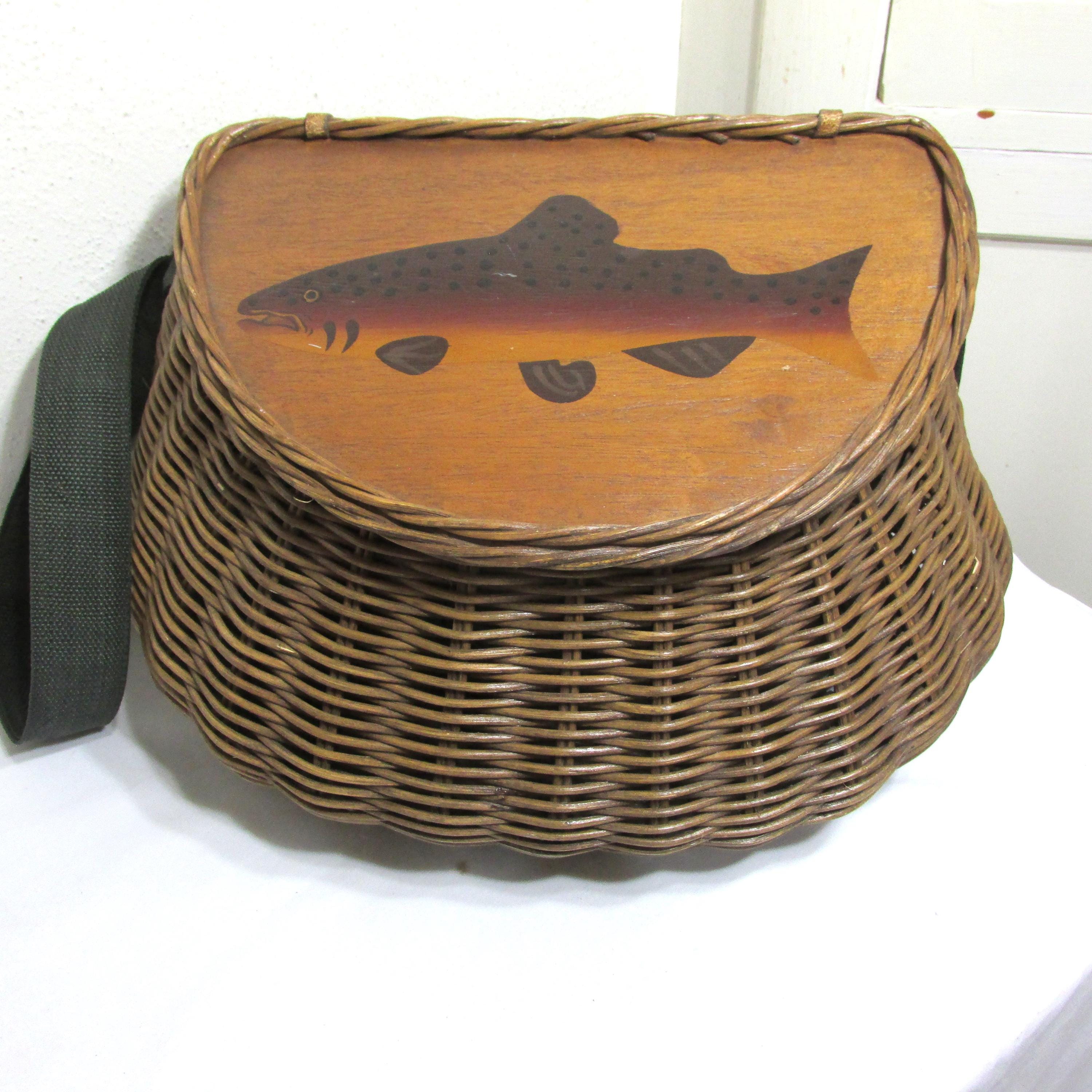 custom wooden lid for handwoven fishing creel with fish slot and leather hinge