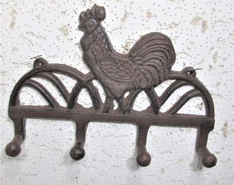 Rooster Iron Hooks Vintage Brown Bar Hangers Chicken Decor