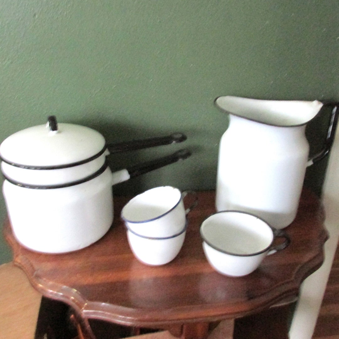 White Enamel Kitchen Decor Choose Vintage Pitcher, Double Boiler or ...