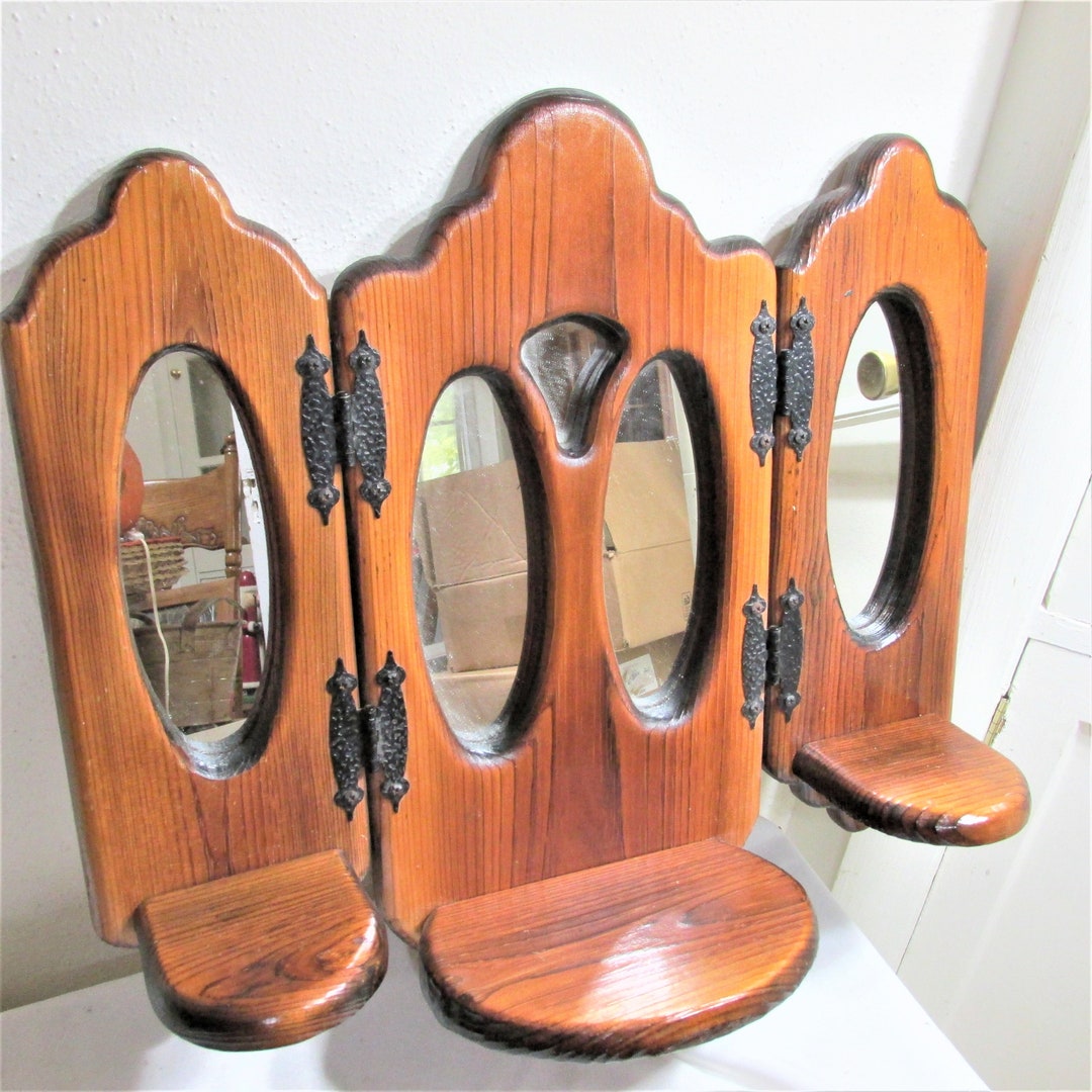 Tri Fold Mirror With Shelves Mid Century Folding Display Etsy