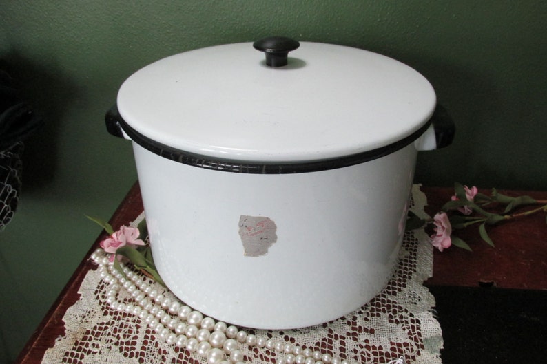 Enamel Stock Pot with Lid White and Black Vintage Campfire Etsy