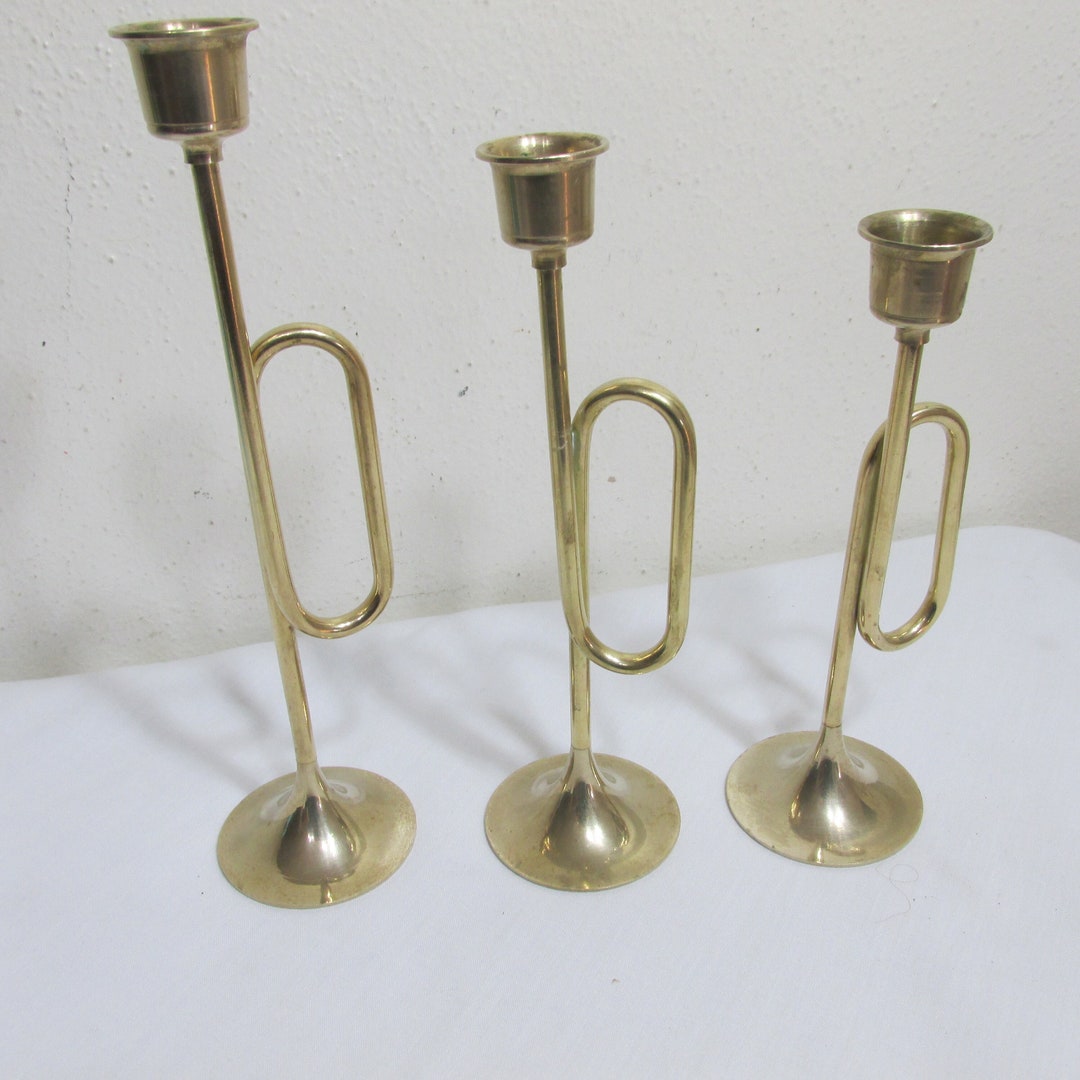 Brass Horn Candle Holder Vintage Set of 3 Graduating Etsy