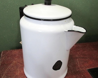 Enamel Coffee Pot Vintage 12 Cup White with Black Trim