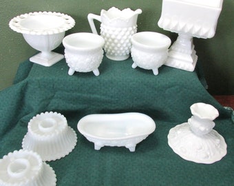 Milk Glass Fenton and More Candle Holders Soap Candy Dishes