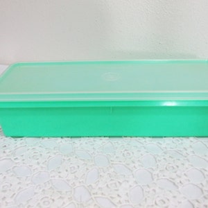 May include: A rectangular, mint green plastic container with a matching lid. The container has a slightly translucent lid and a solid, opaque base. The design is simple and functional, suitable for food storage or general organization.