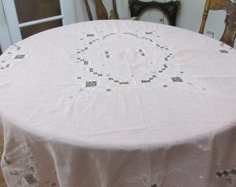 Cotton Tablecloth Peach Embroidery and Cutwork Vintage 53 x 68 Inches