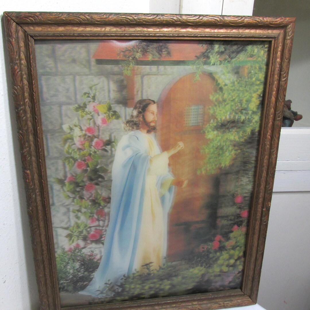 Picture Lenticular Jesus Knocking at Heart's Door Vintage Wood Framed ...