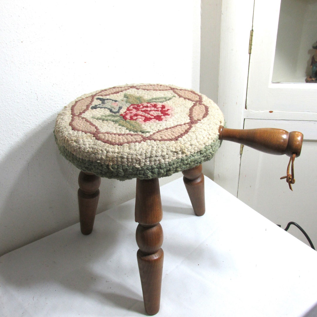 Stool 3 Legs With a Handle Vintage Hooked Rug Padded Top - Etsy