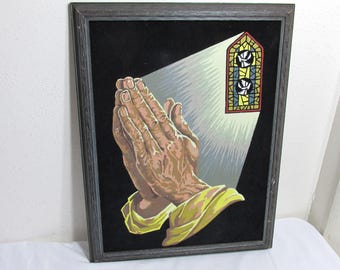 Black Velvet Paint By Number Folded Praying Hands Vintage Framed Mid Century Picture