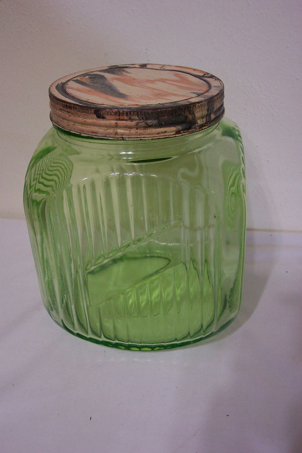 Hoosier Green Depression Glass Jar 64 oz. Container with lid. Etsy