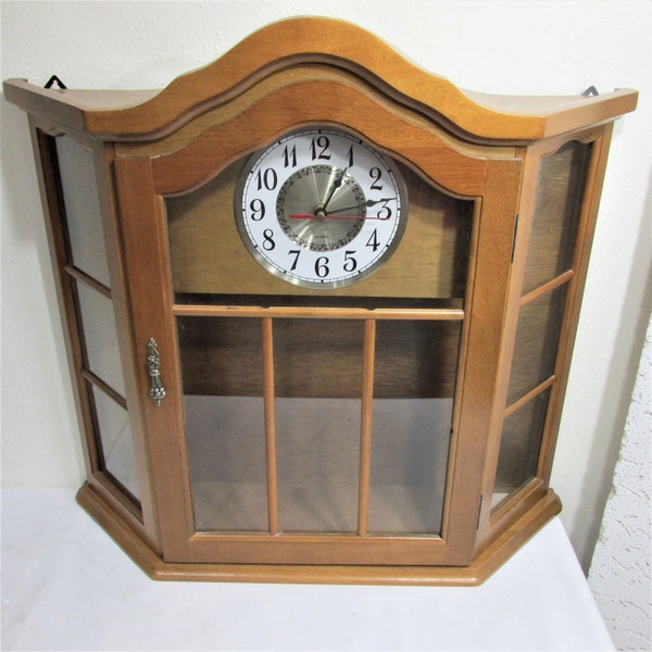 Wood Curio Cabinet with Glass Door and Working Clock Wall Mount or Table Top