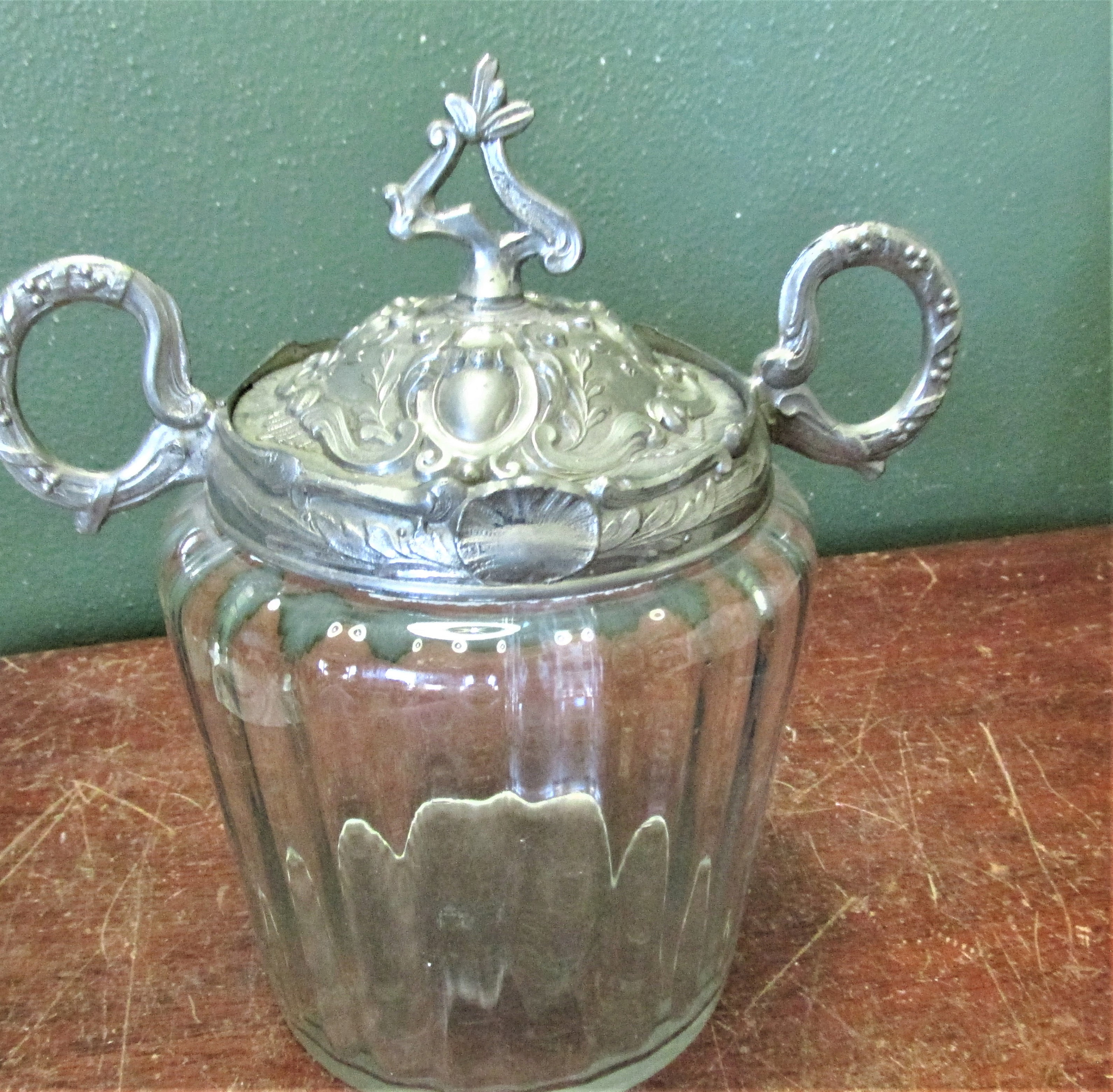 3 antique glass jars with lids 14¼