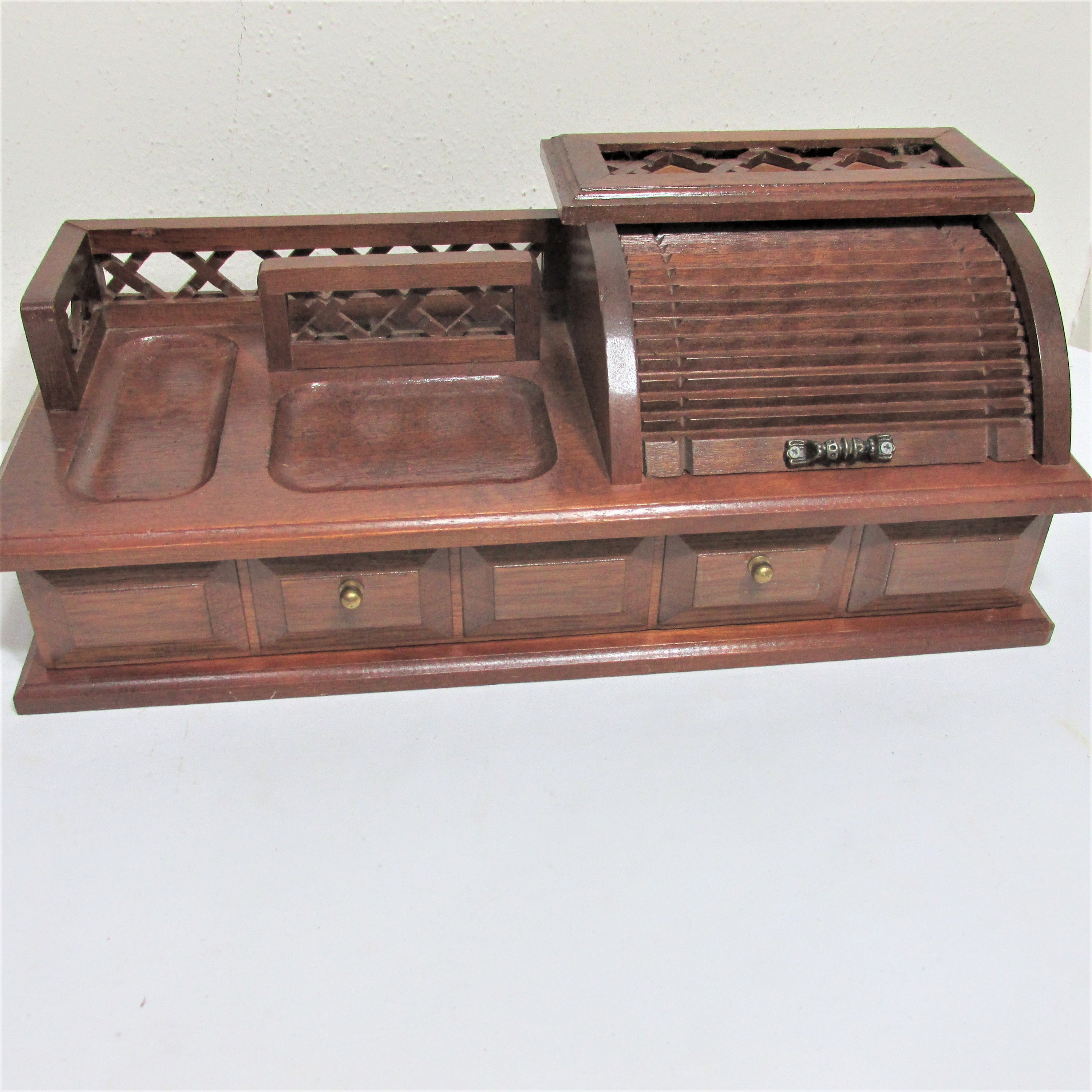Sleek, Rich Mahogany Colored Dresser Top Valet with Watch Storage and Ring  Rolls