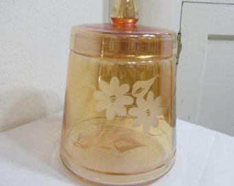 Biscuit Jar Etched Carnival Glass Vintage Covered Container