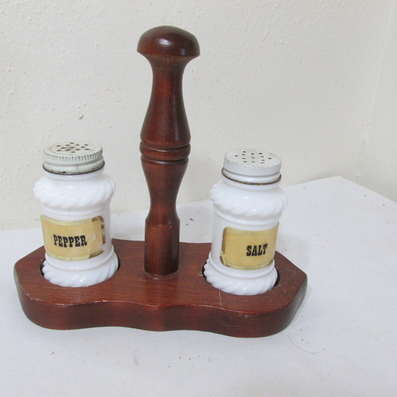 Salt Pepper on Caddy Vintage Milk Glass on Wood Stand Etsy