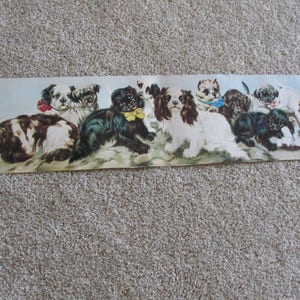 May include: A vintage illustration of a group of 12 adorable puppies, all different breeds, with some wearing colorful bows. The puppies are arranged in a row on a white background.