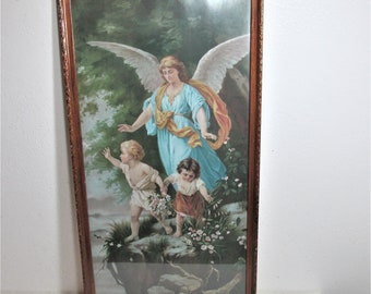 Guardian Angel Picture Boy and Girl Near Cliff Vintage Frame