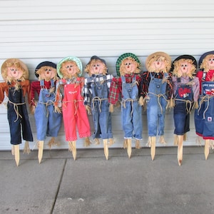 May include: A row of eight scarecrow dolls mounted on wooden stakes. Each doll features a straw-like face, a hat, and various outfits including denim overalls, plaid shirts, and a bright pink jumpsuit. The dolls are arranged side-by-side.
