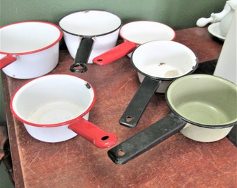 Enamel Saucepan Choice of Vintage White with Black or Red Trim Primitive Farmhouse Decor