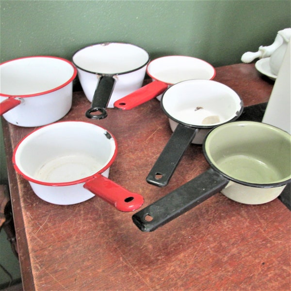 Enamel Saucepan Choice of Vintage White with Black or Red Trim Primitive Farmhouse Decor