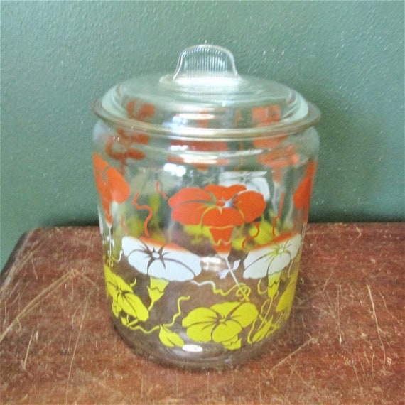 Cookie Jar Clear Glass With Lid Orange White Yellow Morning Glory Flowers 