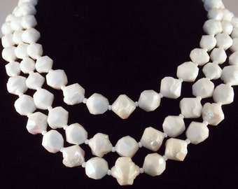 West Germany White Free Form Bead Necklace AB Coating 3 Strands Sale