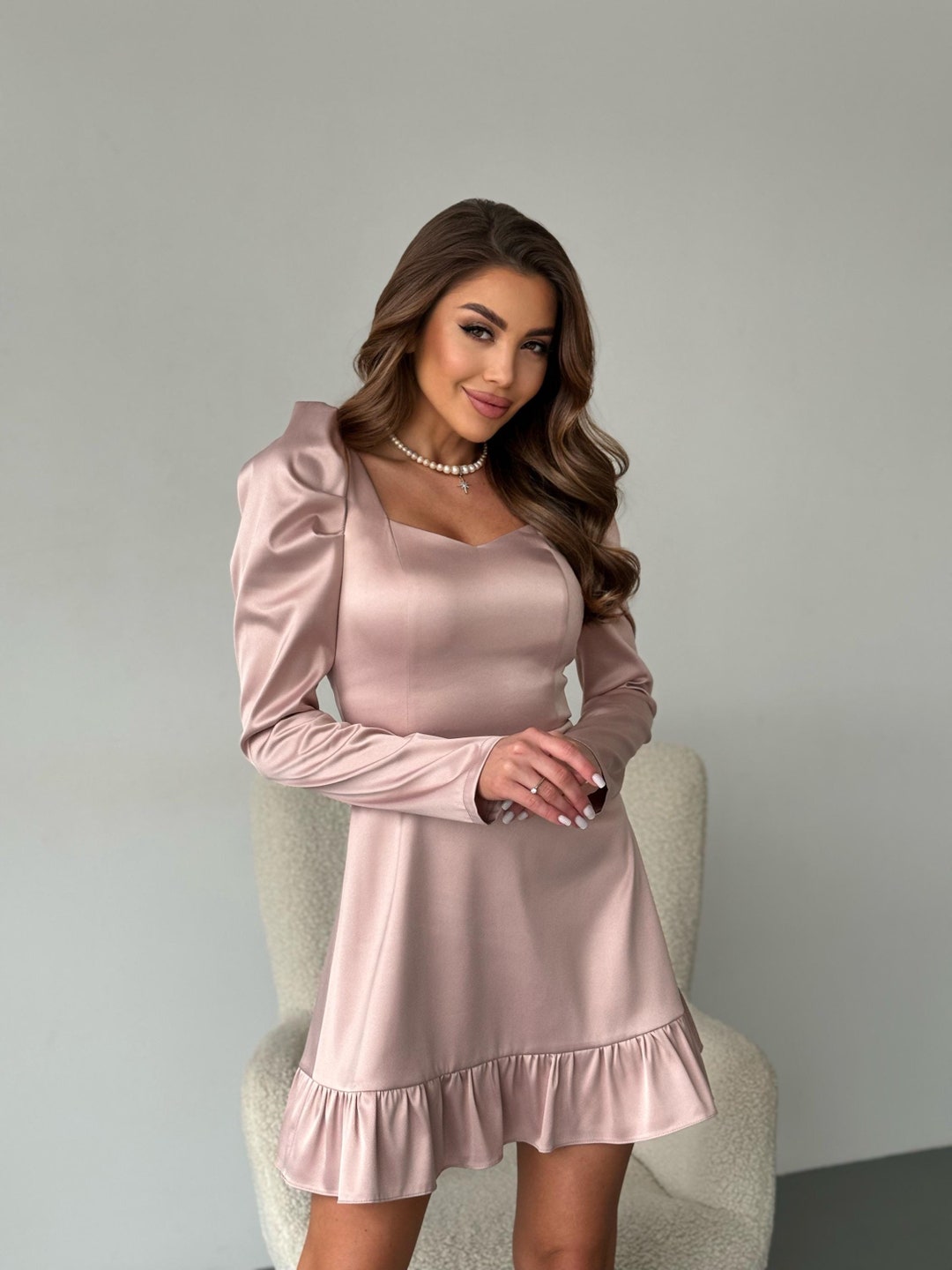 Lola Satin Dress With Long and Voluminous Sleeves, Pink Dress,party ...