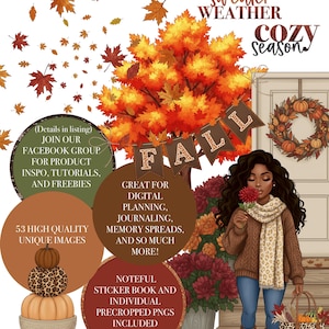Könnte beinhalten: Digitales Kunstwerk mit Herbstthema und dem Text "Sweater Weather Cozy Season". Das Bild zeigt eine Frau, Kürbisse und Herbstlaub. Der Text "Fall" und "53 High Quality Unique Images" sind ebenfalls enthalten.