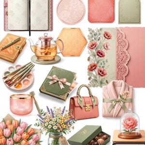 Puede incluir: Una colecci&oacute;n de regalos para el D&iacute;a de la Madre, que incluye un diario rosa, una tetera, un bolso, un ramo de tulipanes y una caja de bombones. La imagen incluye el texto "Moments for Mom".