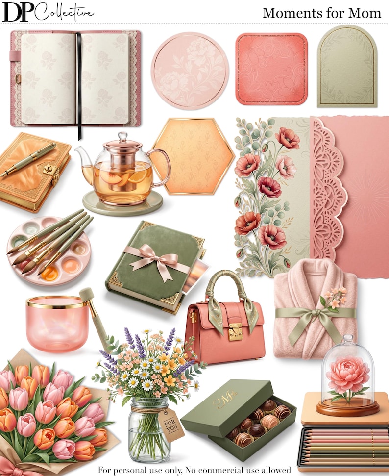 Puede incluir: Una colecci&oacute;n de regalos para el D&iacute;a de la Madre, que incluye un diario rosa, una tetera, un bolso, un ramo de tulipanes y una caja de bombones. La imagen incluye el texto "Moments for Mom".