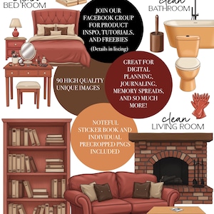 May include: Digital art featuring a bedroom, bathroom, and living room with fall-themed decor. Includes a bed, vanity, toilet, bathtub, sofa, fireplace, and bookshelf. Text includes "90 High Quality Unique Images" and "Noteful Sticker Book and Individual Precropped PNGs Included."