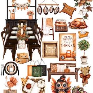 May include: A Thanksgiving digital clipart set featuring a variety of images, including a table setting, a turkey, a pie, a truck, a bench, a book, a pumpkin, a cornucopia, a turkey, a wreath, a sign that says "Family gathers here", a sign that says "In all things give thanks", a sign that says "Thankful", a sign that says "Blessed", and a sign that says "Happy Thanksgiving".