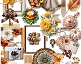 Può includere: Un collage a tema autunnale con mele in un cesto, una teiera, una macchina fotografica e una pila di blocchi per appunti. Sono presenti anche elementi decorativi come una chiave, ghiande e una zucca. Il testo "Autumn Whispers" è visibile.