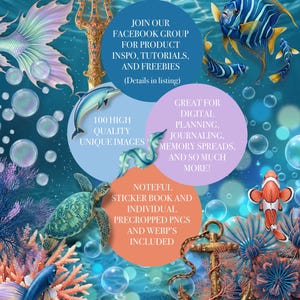 May include: A digital graphic featuring an underwater theme with a mermaid tail, trident, dolphin, sea turtle, clownfish, and anchor. Text includes "DP Collective", "Under The Sea", and details about a Facebook group, 100 images, and file formats.