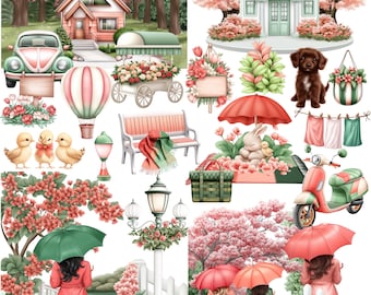 Blossom Lane Digitale Aufkleber: Frühling Cottagecore Glam (Goodnotes, Noteful, PNG)