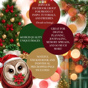 May include: Digital Christmas-themed graphic with an owl wearing a Santa hat and scarf, holding a poinsettia. The image includes text about Facebook group, high-quality images, and digital planning. Festive Christmas tree and ornaments.