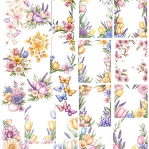 May include: A set of 12 digital illustrations featuring spring flowers and borders. The illustrations include tulips, daffodils, lavender, butterflies, and cherry blossoms. The borders are perfect for adding a touch of spring to your digital projects.